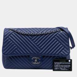 Pre Owned Chanel Dark Blue Quilted Lambskin Large CC Crossing Flap Bag