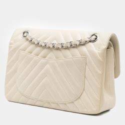 Chanel White Small Classic Chevron Lambskin Double Flap Bag