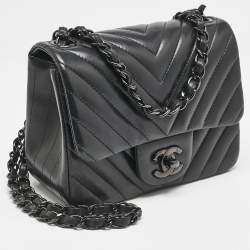 Pre Owned Chanel So Black Chevron Leather Mini Square Classic Flap Bag