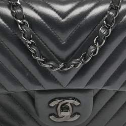 Pre Owned Chanel So Black Chevron Leather Mini Square Classic Flap Bag