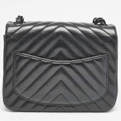 Pre Owned Chanel So Black Chevron Leather Mini Square Classic Flap Bag