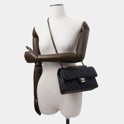 Chanel Black Caviar Leather  Matelasse W Flap Chain Shoulder Bag 