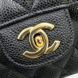 Chanel Black Caviar Leather  Matelasse W Flap Chain Shoulder Bag 