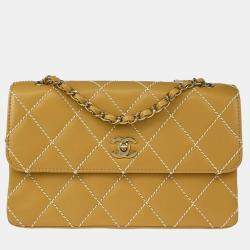 Pre Owned Chanel Beige Calfskin Wild Stitch Straight Flap Shoulder Bag