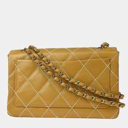 Pre Owned Chanel Beige Calfskin Wild Stitch Straight Flap Shoulder Bag