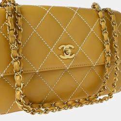 Pre Owned Chanel Beige Calfskin Wild Stitch Straight Flap Shoulder Bag