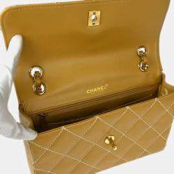 Pre Owned Chanel Beige Calfskin Wild Stitch Straight Flap Shoulder Bag