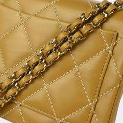 Pre Owned Chanel Beige Calfskin Wild Stitch Straight Flap Shoulder Bag