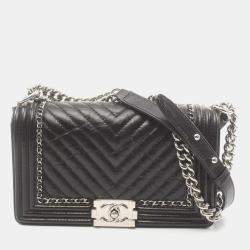 Chanel Black Chevron Leather and Tweed Medium Boy Flap Bag