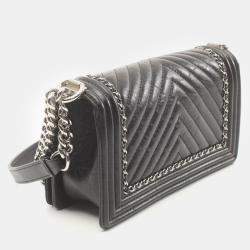 Chanel Black Chevron Leather and Tweed Medium Boy Flap Bag