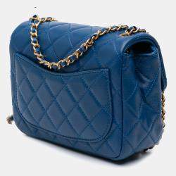 Chanel Blue Mini Square Classic Lambskin Pearl Crush Single Flap Bag