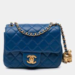 Chanel Blue Mini Square Classic Lambskin Pearl Crush Single Flap Bag