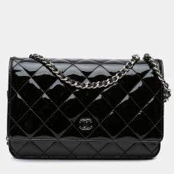 Chanel Black CC Quilted Patent Wallet On Chain