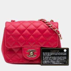 Pre Owned Chanel Pink Lambskin Quilted Mini Square Classic Single Flap Bag