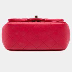 Pre Owned Chanel Pink Lambskin Quilted Mini Square Classic Single Flap Bag