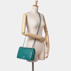Pre Owned Chanel Turquoise Crumpled Calfskin Medium Full Flap Bag