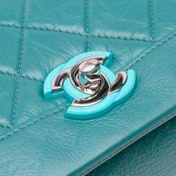 Pre Owned Chanel Turquoise Crumpled Calfskin Medium Full Flap Bag