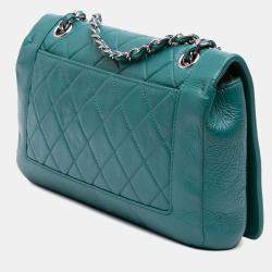 Pre Owned Chanel Turquoise Crumpled Calfskin Medium Full Flap Bag