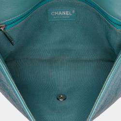 Pre Owned Chanel Turquoise Crumpled Calfskin Medium Full Flap Bag