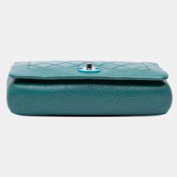 Pre Owned Chanel Turquoise Crumpled Calfskin Medium Full Flap Bag