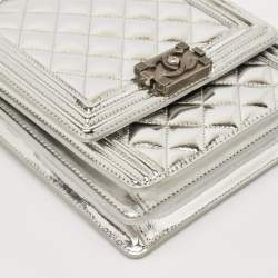 Pre Owned Chanel Silver Quilted Patent Leather North South Boy Flap Bag