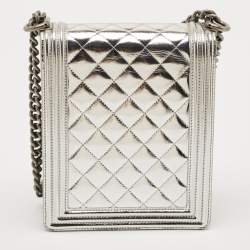 Pre Owned Chanel Silver Quilted Patent Leather North South Boy Flap Bag