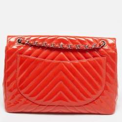 Chanel Orange Chevron Patent Leather Maxi Classic Single Flap Bag