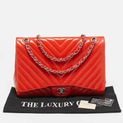 Chanel Orange Chevron Patent Leather Maxi Classic Single Flap Bag