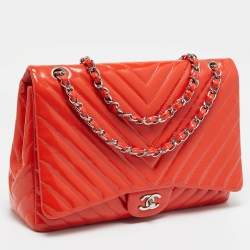 Chanel Orange Chevron Patent Leather Maxi Classic Single Flap Bag