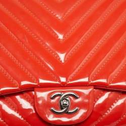 Chanel Orange Chevron Patent Leather Maxi Classic Single Flap Bag