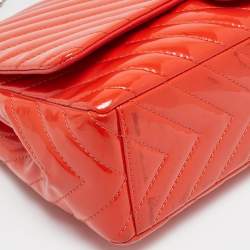 Chanel Orange Chevron Patent Leather Maxi Classic Single Flap Bag