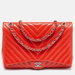 Chanel Orange Chevron Patent Leather Maxi Classic Single Flap Bag