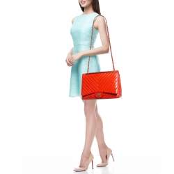 Chanel Orange Chevron Patent Leather Maxi Classic Single Flap Bag