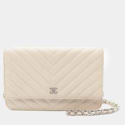 Chanel Beige Calfskin Chevron Quilted Wallet On Chain 