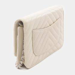Chanel Beige Calfskin Chevron Quilted Wallet On Chain 