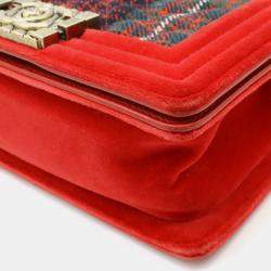 Pre Owned Chanel Red Velvet and Quilted Plaid Paris-Edinburgh Boy Bag