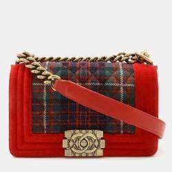 Pre Owned Chanel Red Velvet and Quilted Plaid Paris-Edinburgh Boy Bag