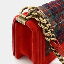 Pre Owned Chanel Red Velvet and Quilted Plaid Paris-Edinburgh Boy Bag