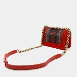 Pre Owned Chanel Red Velvet and Quilted Plaid Paris-Edinburgh Boy Bag