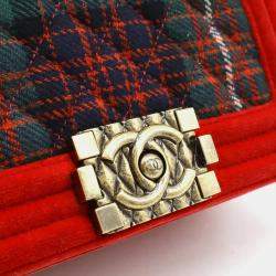 Pre Owned Chanel Red Velvet and Quilted Plaid Paris-Edinburgh Boy Bag