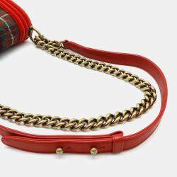 Pre Owned Chanel Red Velvet and Quilted Plaid Paris-Edinburgh Boy Bag