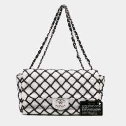 Pre Owned Chanel Black White Jumbo Calfskin Canebiers Net Flap
