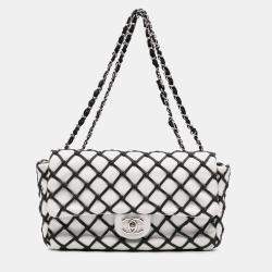 Pre Owned Chanel Black White Jumbo Calfskin Canebiers Net Flap
