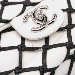 Pre Owned Chanel Black White Jumbo Calfskin Canebiers Net Flap