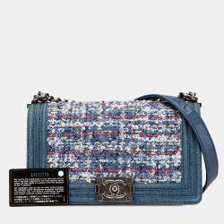 Pre Owned Chanel Blue Denim Tweed Medium Boy Bag