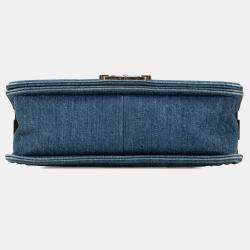 Pre Owned Chanel Blue Denim Tweed Medium Boy Bag