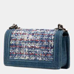 Pre Owned Chanel Blue Denim Tweed Medium Boy Bag