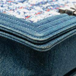 Pre Owned Chanel Blue Denim Tweed Medium Boy Bag