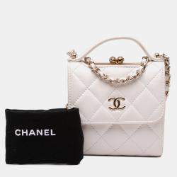 Chanel Ivory Lambskin CC Quilted Mini Kiss Lock Frame Top Handle Clutch Bag with Chain