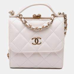 Chanel Ivory Lambskin CC Quilted Mini Kiss Lock Frame Top Handle Clutch Bag with Chain